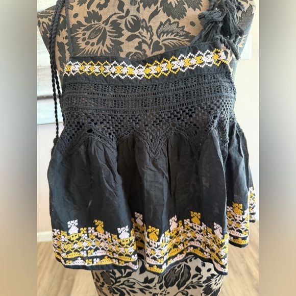 Free People Black Embroidered Crochet Tassel Boho Crop Top Small - Picture 5 of 7